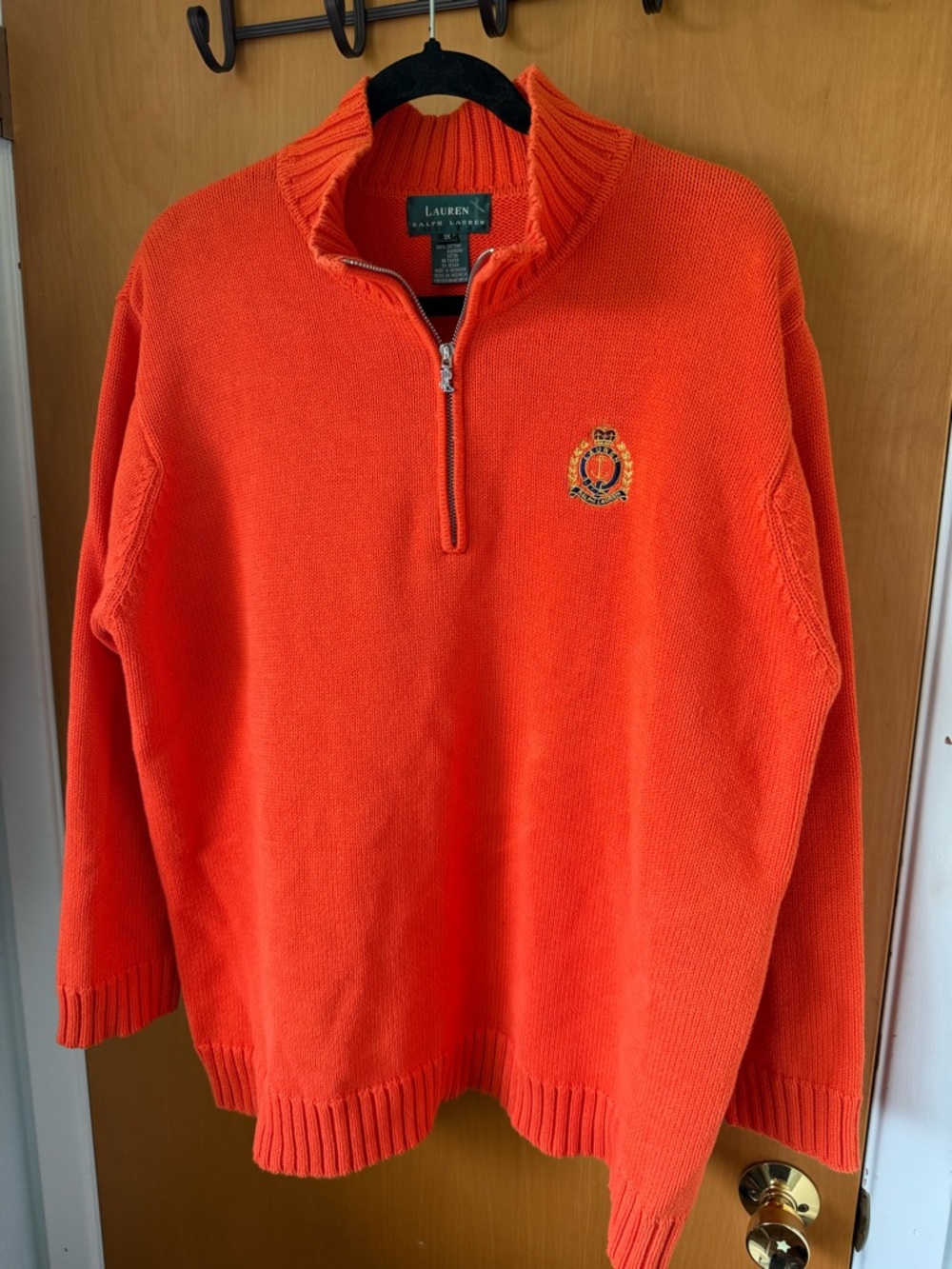 Vintage Lauren Ralph Lauren Women’s Half-Zip Crest Orange Sweater